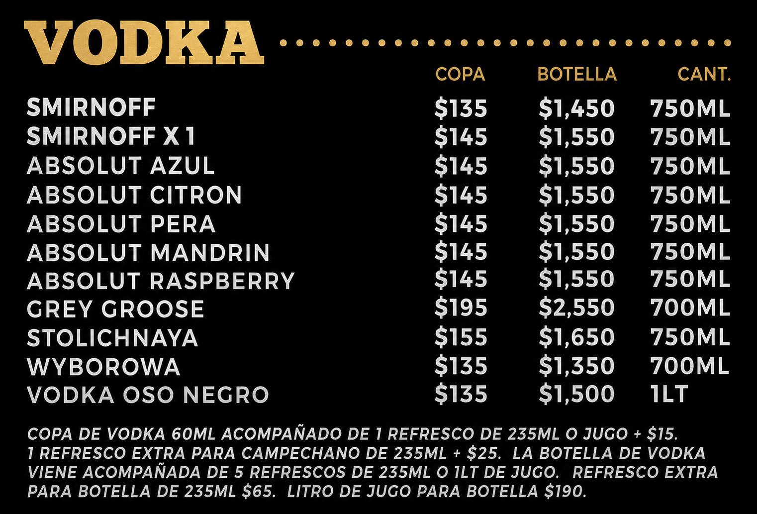 Menú - Vodka